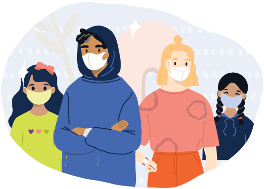 Illustration of four diverse students wearing face masks