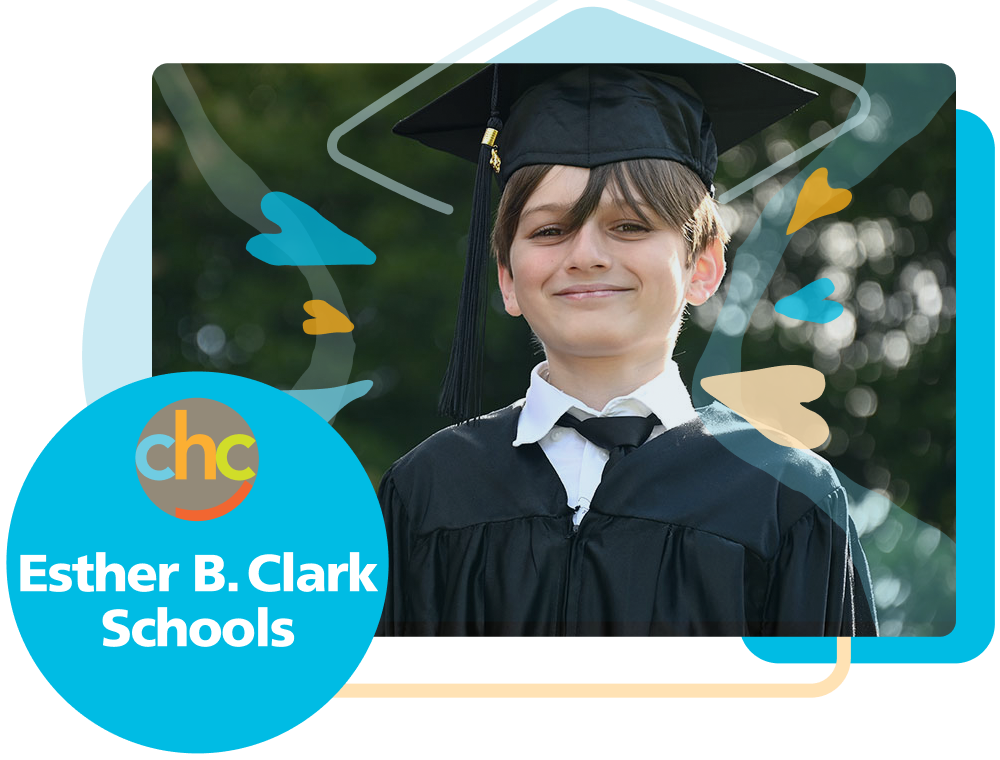 Esther B. Clark School Logo blue and proud graduate in cap and gown
