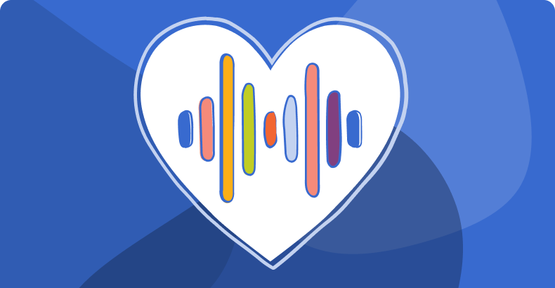 Graphic of a white heart with sound bars on a blue background