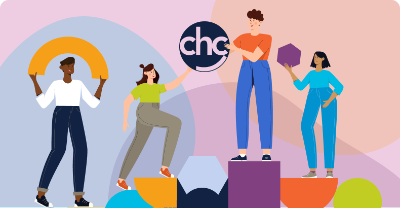 Graphic of 5 people building partnership and raising up the CHC logo on a purple background