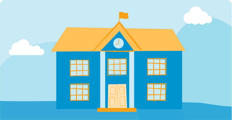 Graphic of a handsome school building on a blue background