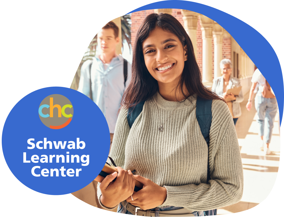 Schwab Learning Center logo with photo of a female student smiling